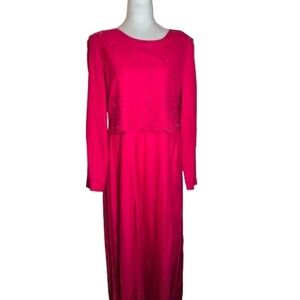 Vintage Sarah Elizabeth Red Rayon Beaded Midi Dress Long Sleeve Sz 6 Elegant